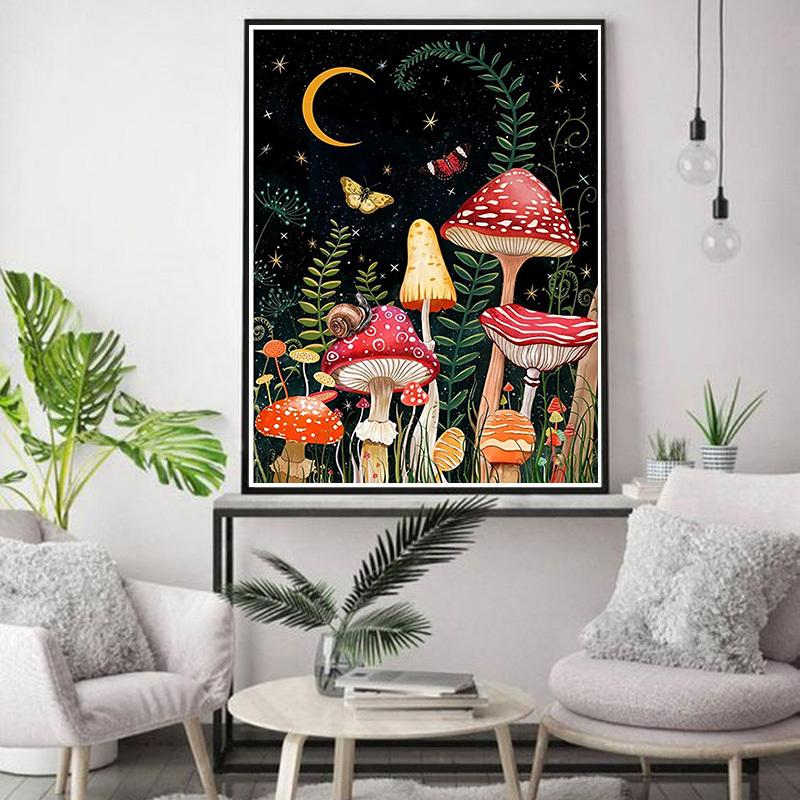 5D DIY Diamond Painting Mushrooms and The Moon Cross Stitch Kit Mosaic Diamond Embroidery Rose Full Round/Square Drill Home Decoration