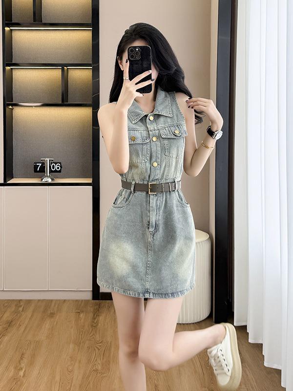 Sleeveless Denim Halter Dress - High Waist Summer Cool