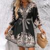 Women's Fashion Printed V-Neck Seven Sleeve Tie Waist Dresses