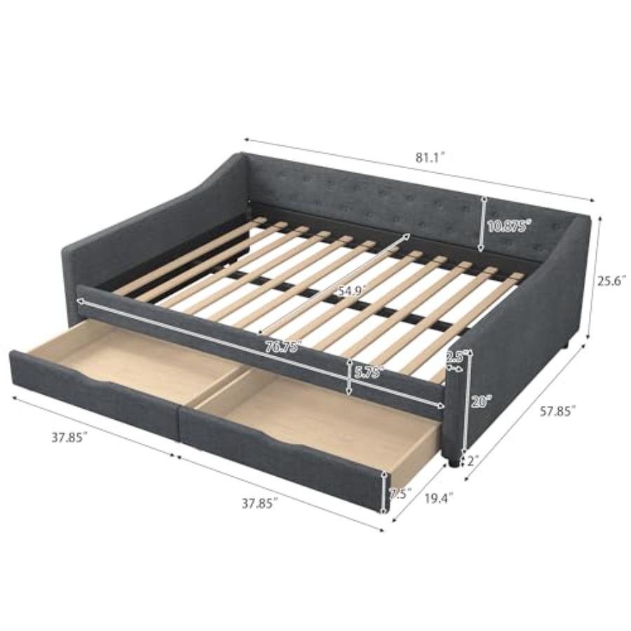 Full Size Daybed with Drawers, Linen Fabric Day beds w/Storage and Button on Back and Piping on Waved Shape Arms, Upholstered T