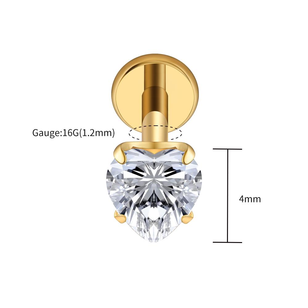 Titanio Genuino ASTM F136 Calibre 16G Corazón CZ Labret Roscado 3mm/4mm/5mm CZ Cartílago Tragus Hélice Stud para Nariz Joyería para Piercing