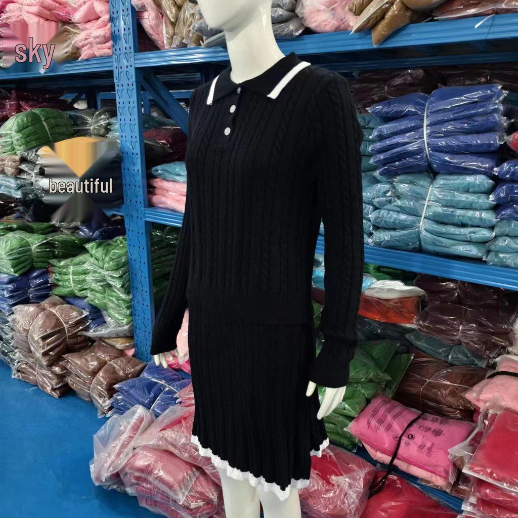 European & American Casual Long Sleeve Knit Sweater and Short Skirt Two-Piece Set for Women