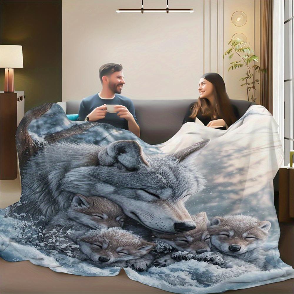 Snow Mountain Wolf Art Print Throw Blanket - Wilderness Animal Cozy Soft Accent for Sofa Bed Office Travel Gift
