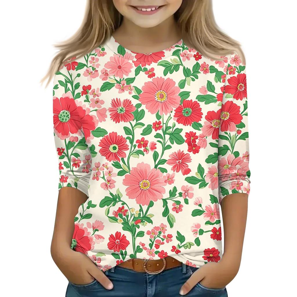 Print Tops For Youth Girls 5-16 Years Round Neck 3/4 Sleeves T-Shirts Trendy Tops Outfit Tees
