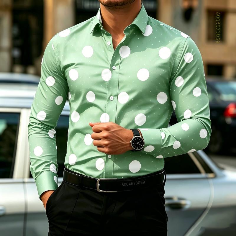 Camicia da Uomo a Pois Manica Lunga, Camicia Business Casual Slim Fit, Top da Uomo Tendenza Moda Casual da Esterno