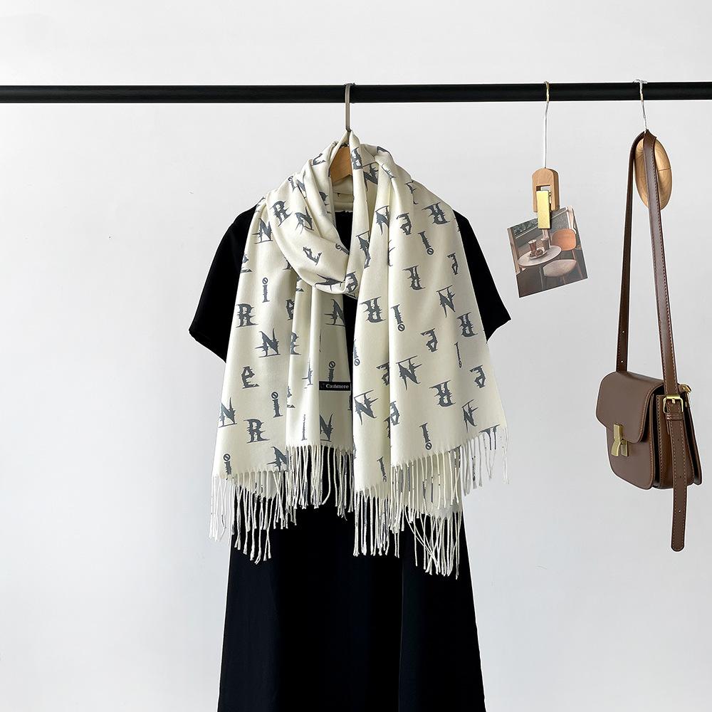 New digital printing imitation cashmere scarf women's letter printing tassel warm extended coffee shawl
