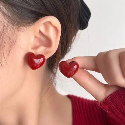 Vintage Cute Red Love Heart Stud Earrings for Women 2024 Korean Fashion Charm Wedding Bride Zircon Accessories Anniversary Gift