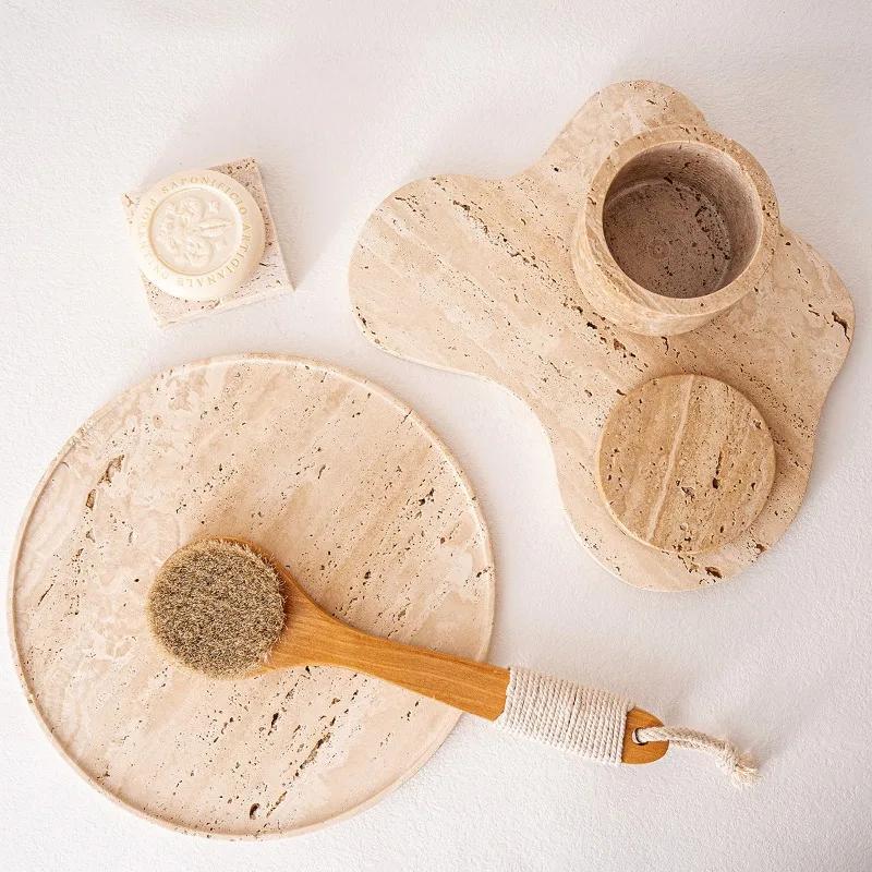 Wabi-sabi Přírodní travertinový kamenný podnos pro kuchyň koupelnu toaletní stolek dekorativní japonský domácí úložný kulatý podnos ozdoby