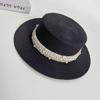 Internet Celebrity French Hepburn Style Flat Top Hat Women's Spring Summer Elegant Pearl Straw Hat Seaside Vacation Beach Sun Hat