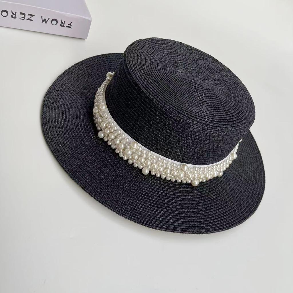 Internet Celebrity French Hepburn Style Flat Top Hat Women's Spring Summer Elegant Pearl Straw Hat Seaside Vacation Beach Sun Hat