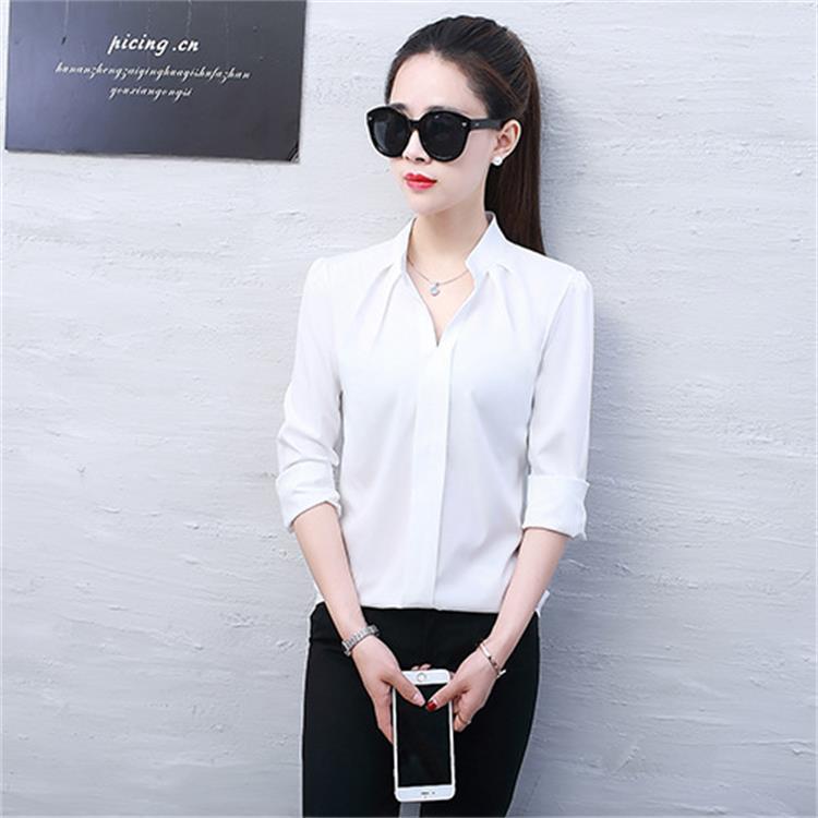 Long Sleeve Shirt Women Spring Autumn Clothing Fashion Slim Blouse V Neck Korean Elegant Ladies Office Shirts White Red