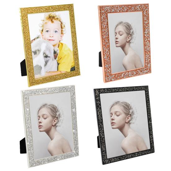 5/6/7 Inch Photo Frame Shiny Rhinestone Edge Electroplated Stainless Standing Anti-skid Luxury Oblong Glitter Wall Mounting Table Top Display Picture