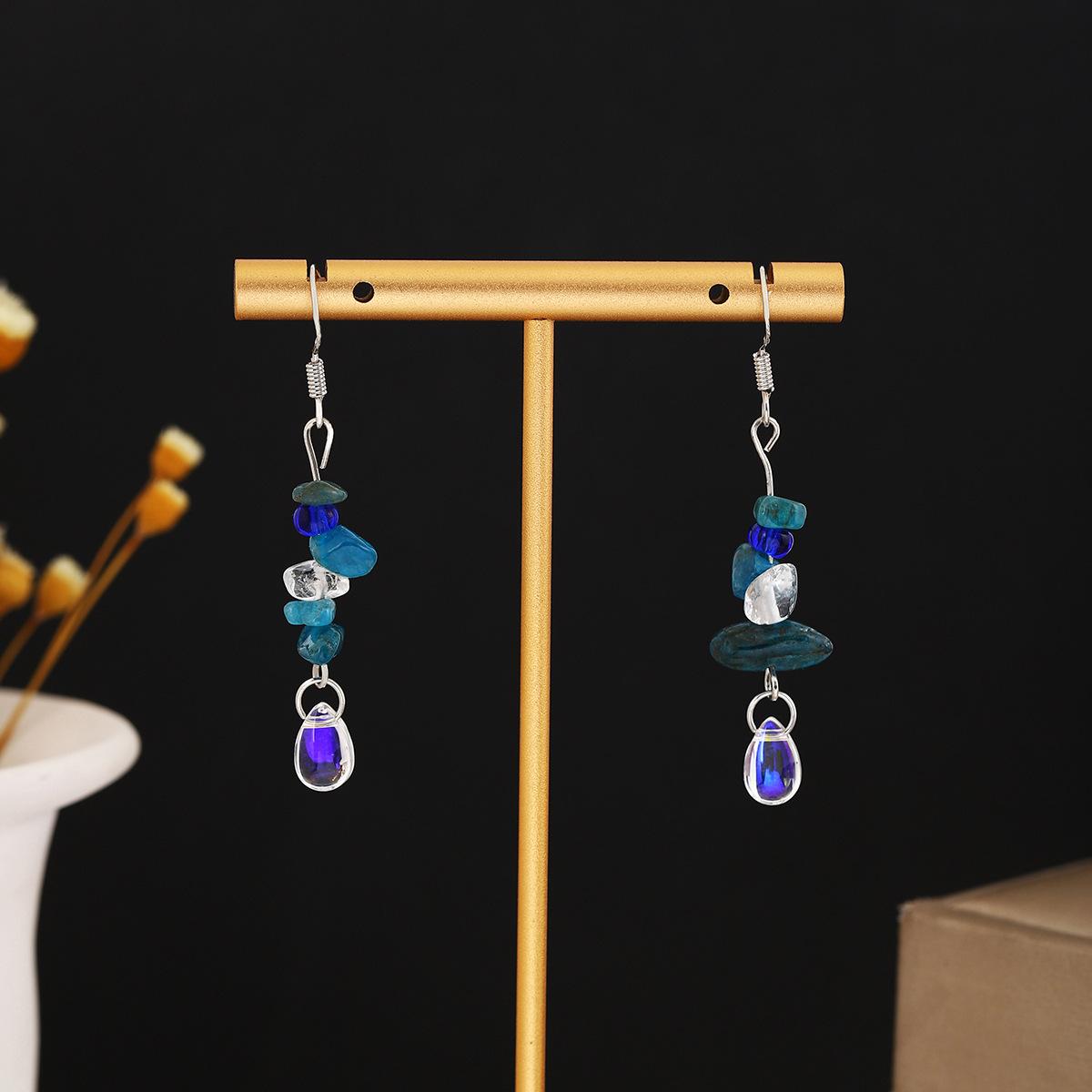 Летние Высококачественные Асимметричные Серьги с Голубым Гравием, Маленькие и Свежие Серьги-Капли с Бусинами Женские