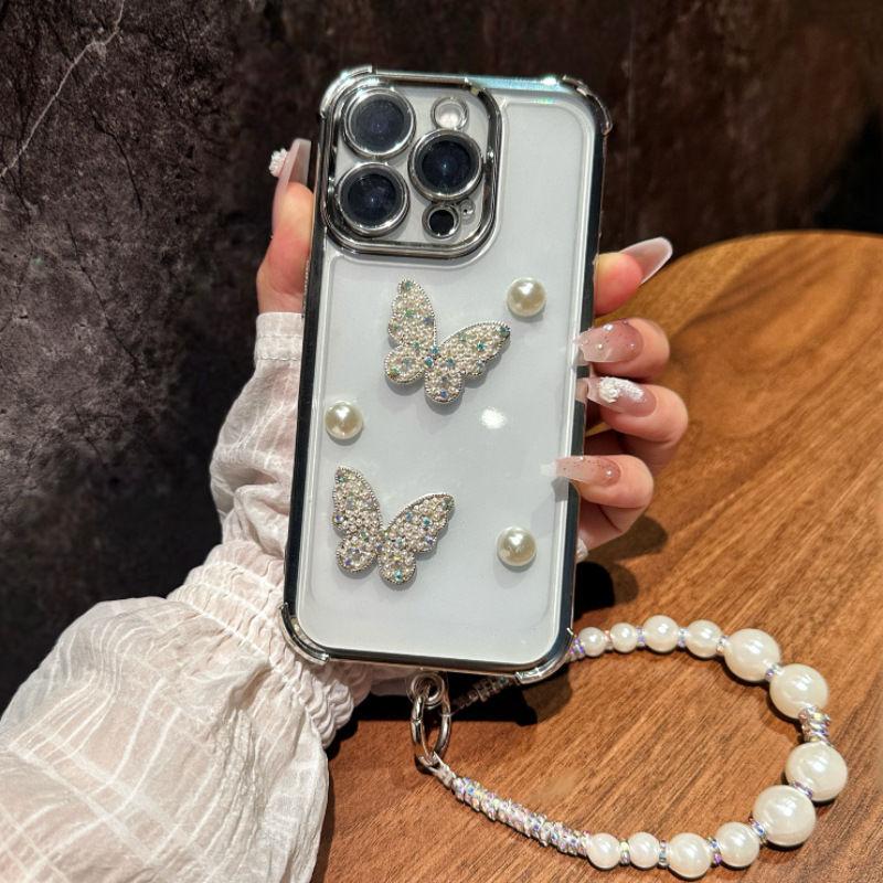 

With Bead Chain 3D Pearl Butterfly Plating Case For Xiaomi 14T Pro 13T 12T 11 Lite 5G NE 15 Ultra Glitter Silicone Cover 12X For Xiaomi 15 Pro срібний
