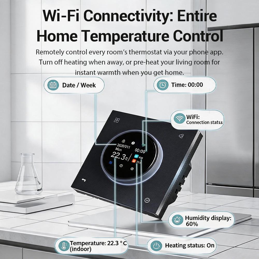 Termostat Inteligent pentru Încălzire în Pardoseală WiFi Tuya cu Temporizare prin Aplicație și Comutator cu Buton Rotativ (3A/16A)