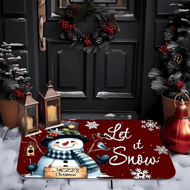 Vintage Red Xmas Entry Rug Merry Christmas Snowman Striped Scarf Snowflake Design Winter Welcome Floor Mat