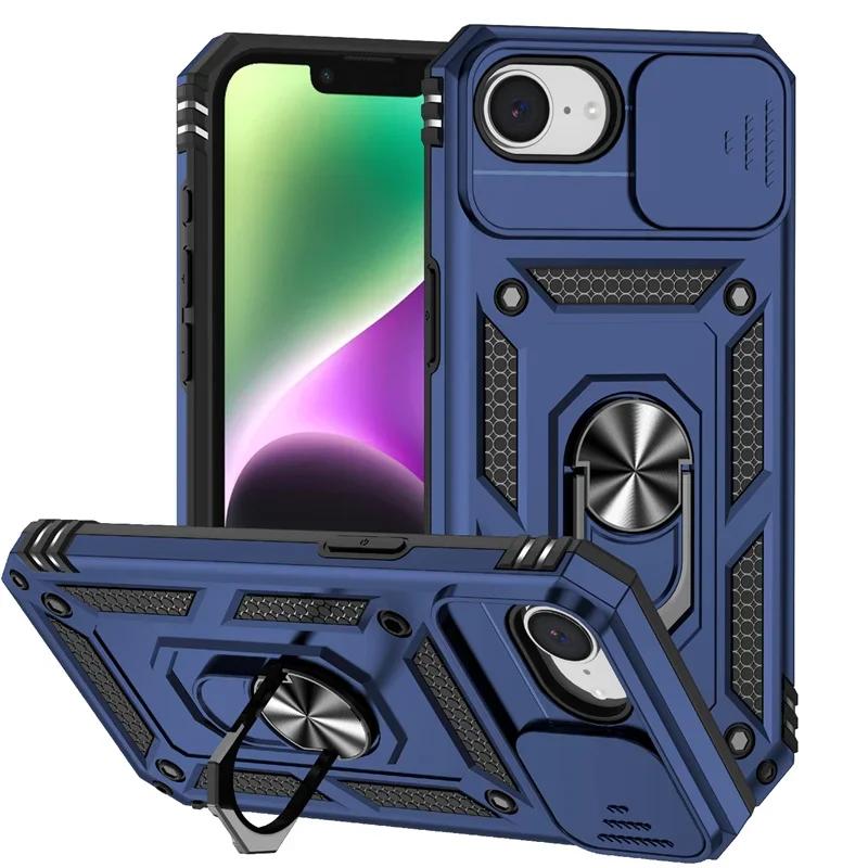Armor Case For iPhone 16e 16 15 14 13 12 11 Pro Max Plus Case Slide Lens Camera Protection Ring Holder Shockproof Cover