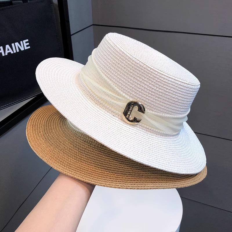 Flat top straw hat women's summer outing seaside sunshade sunscreen sun hat new straw temperament top hat