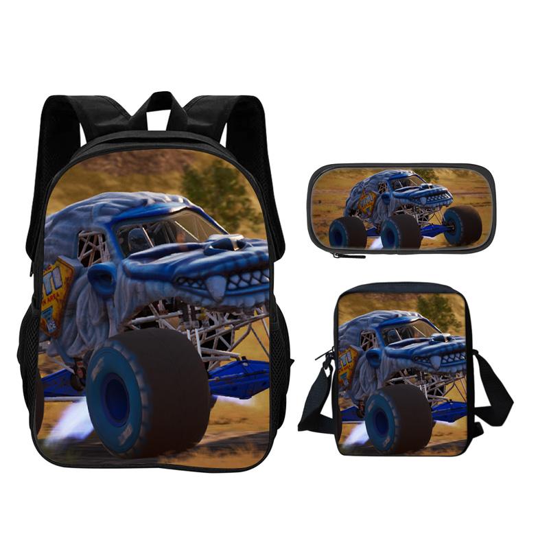 Monster Jam Backpack Pencil Box Shoulder Bag 3Pcs Set Cartoon Printed New Trendy Student School Best Campus Companion