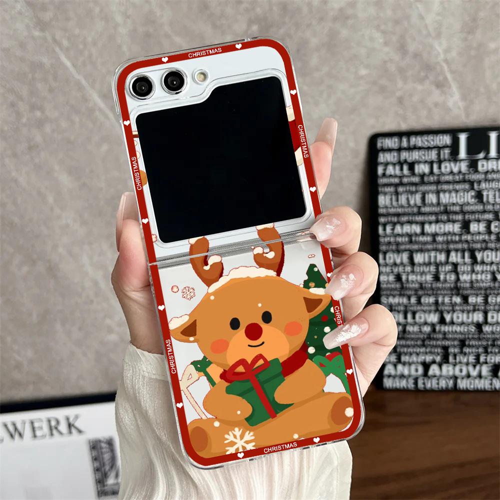 Luxury Cartoon Christmas Phone Case for Samsung Galaxy Z Flip 6 5 4 Simple Santa Transparent Hard PC Cover for Zflip6 Shell