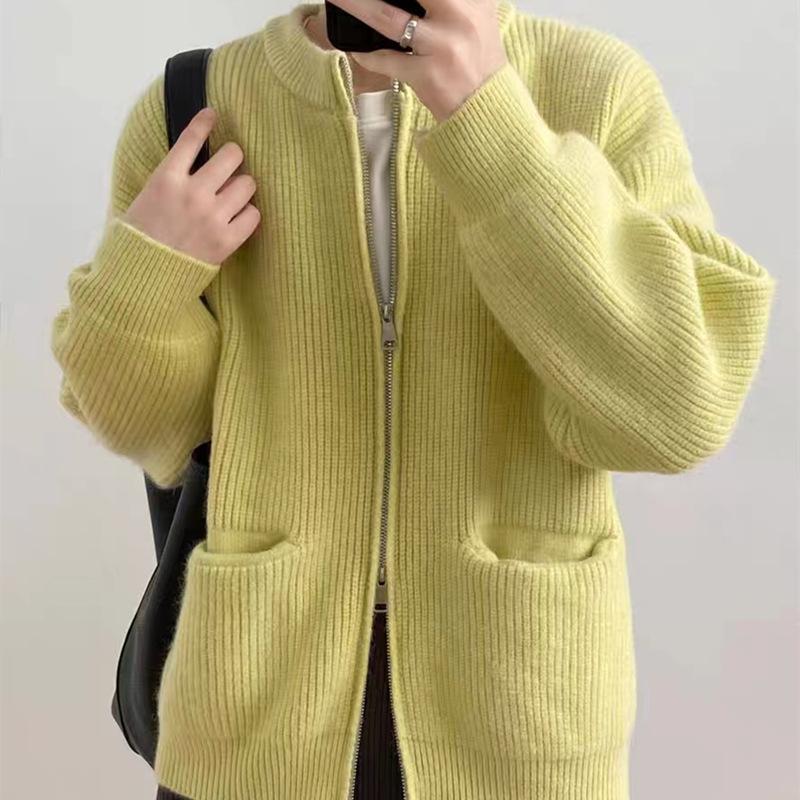Retro Solid Color Lazy Wind Sense Pit Strip Double Zipper Knitted Cardigan Female Loose Soft Temperament Sweater Coat