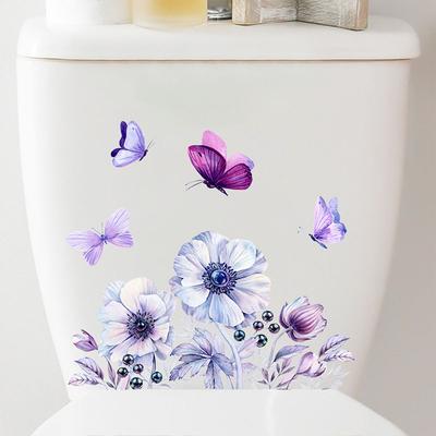 Purple Flowers & Butterfly Toilet Stickers, Waterproof Removable Decals for Bathroom Wall Decor, Self-Adhesive