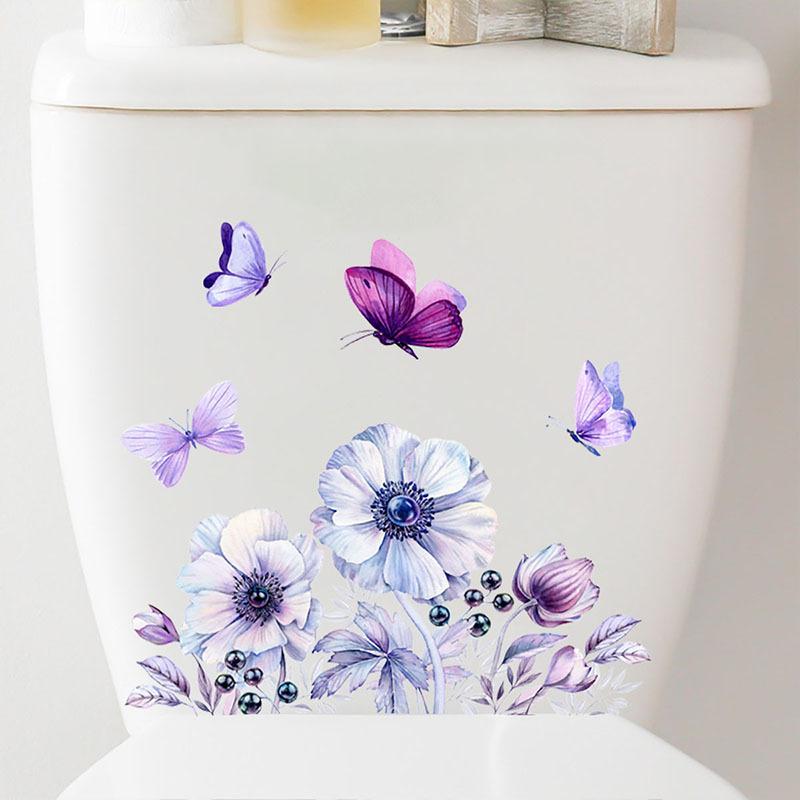 Adesivi per WC Fiori Viola e Farfalla, Decalcomanie Impermeabili Rimovibili per Decorazione Parete Bagno, Autoadesivi