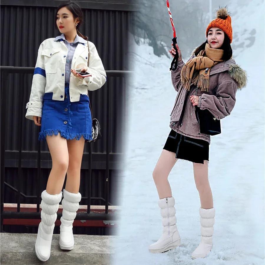 Μοντέρνες Ρωσίδες Ζεστές Βελούδινες Μπότες Χιονιού Μήκους Μέσης Γάμπας Μαύρες Λευκές Αδιάβροχες με Πουπουλένιο Γέμισμα Γυναικείες Μπότες Ήμισυ Γάμπας με Πλατφόρμα και Τακούνι Σφήνα με Πλαϊνό Φερμουάρ