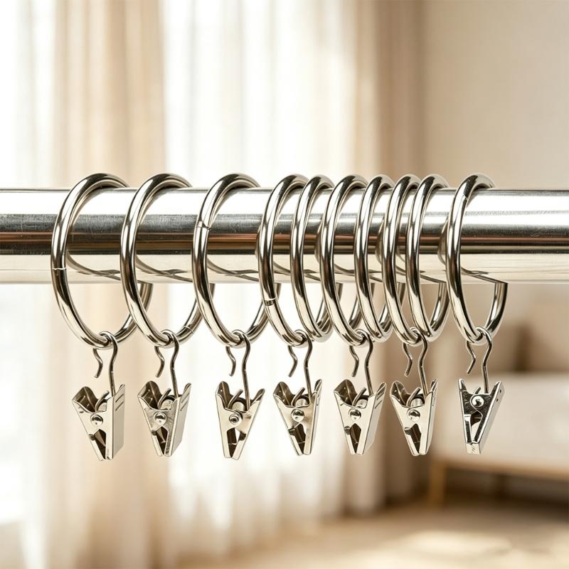 Metal Curtain Rings With Clips 25 Mm Interior Diameter Pack of 10 for Window Drapery Drapes Hanging, Divider Fabric, and Backdrops Display