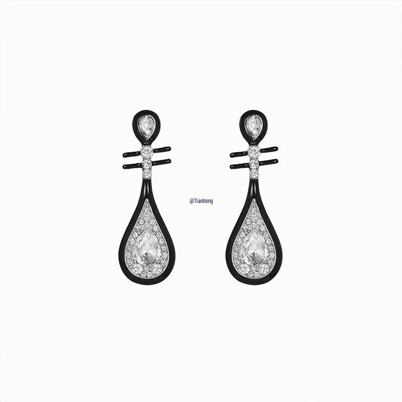 925 Silver Retro Black Pipa Earrings for Women – National Style Stud & Dangle Cheongsam Accessories