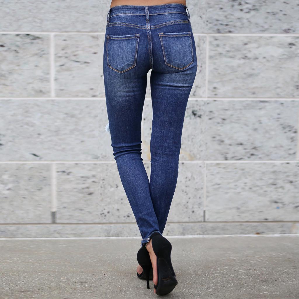Dames hoge taille mager gat denim knoop stretch slanke broek kuitlengte jeans