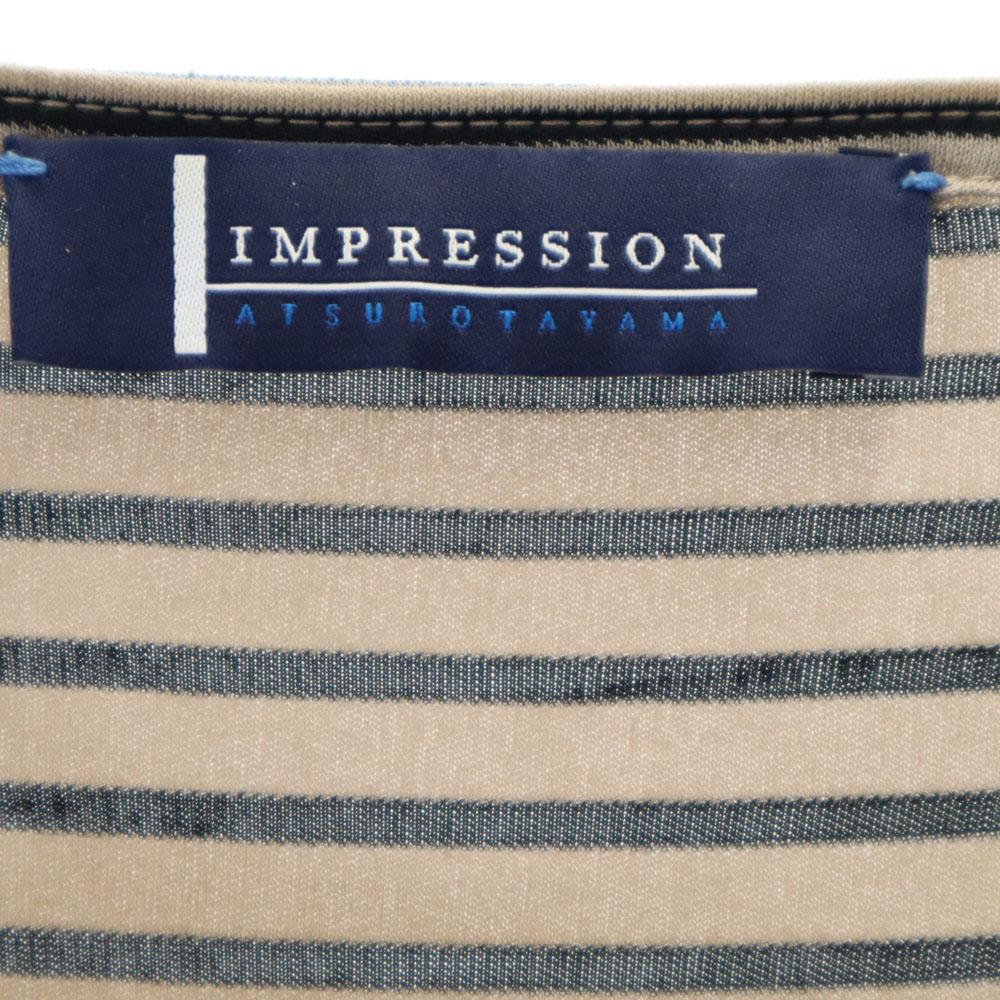 IMPRESSION Border Pattern Five-quarter sleeve one piece 36 beige Women Used