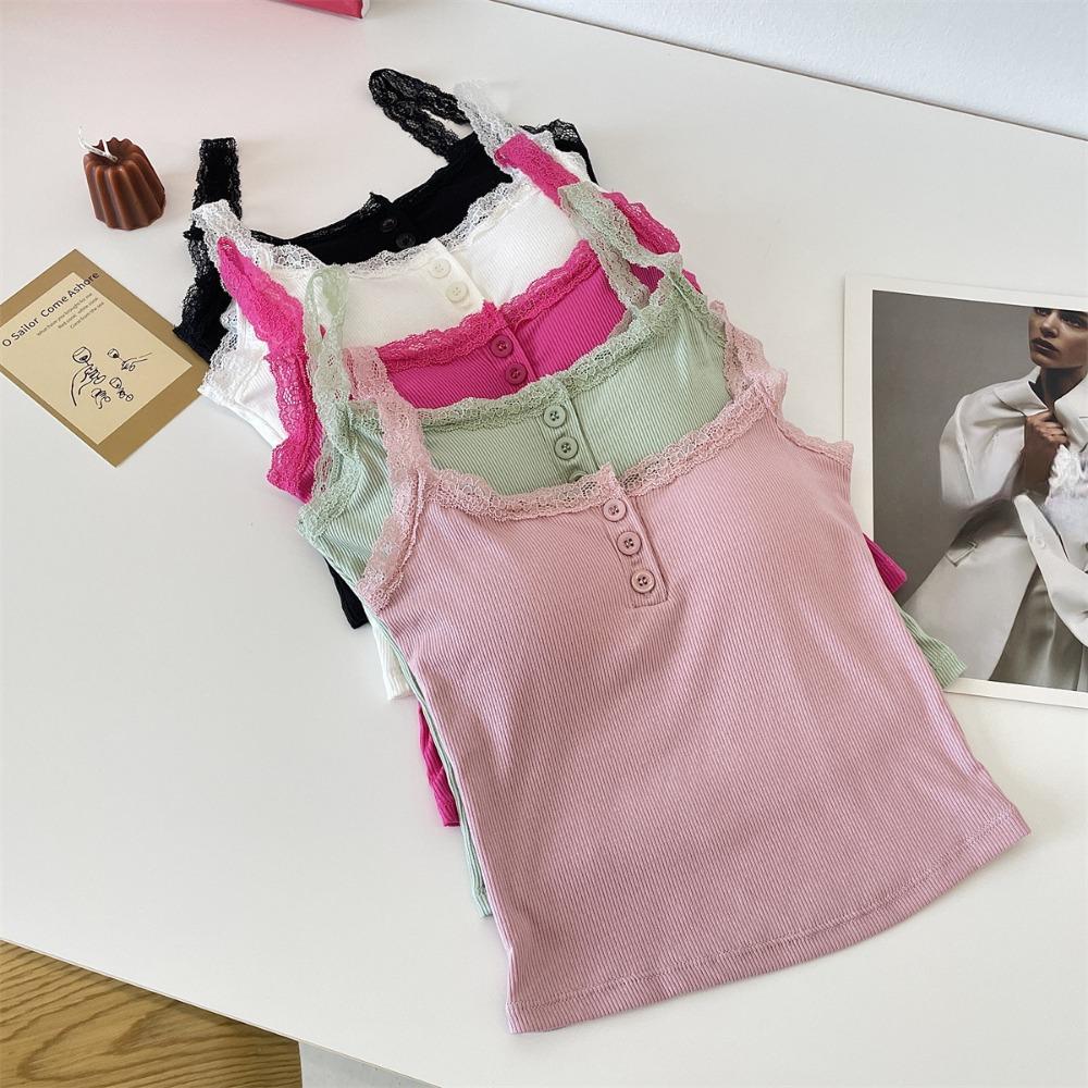 Camiseta sin mangas acanalada de encaje, Tops cortos con cuello Halter para mujer, camisola con botones, camisola con espalda al aire, chaleco recortado sin mangas de tubo de punto a la moda para mujer