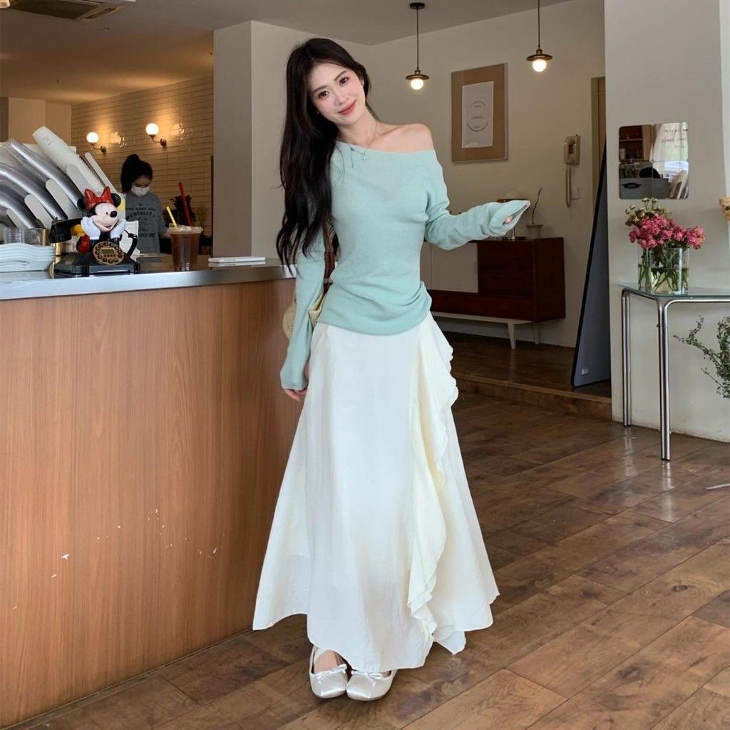 Soft Beige Midi Skirt for Women - Spring/Summer Minimalist Elegant Drape Design Asymmetric Long Skirt