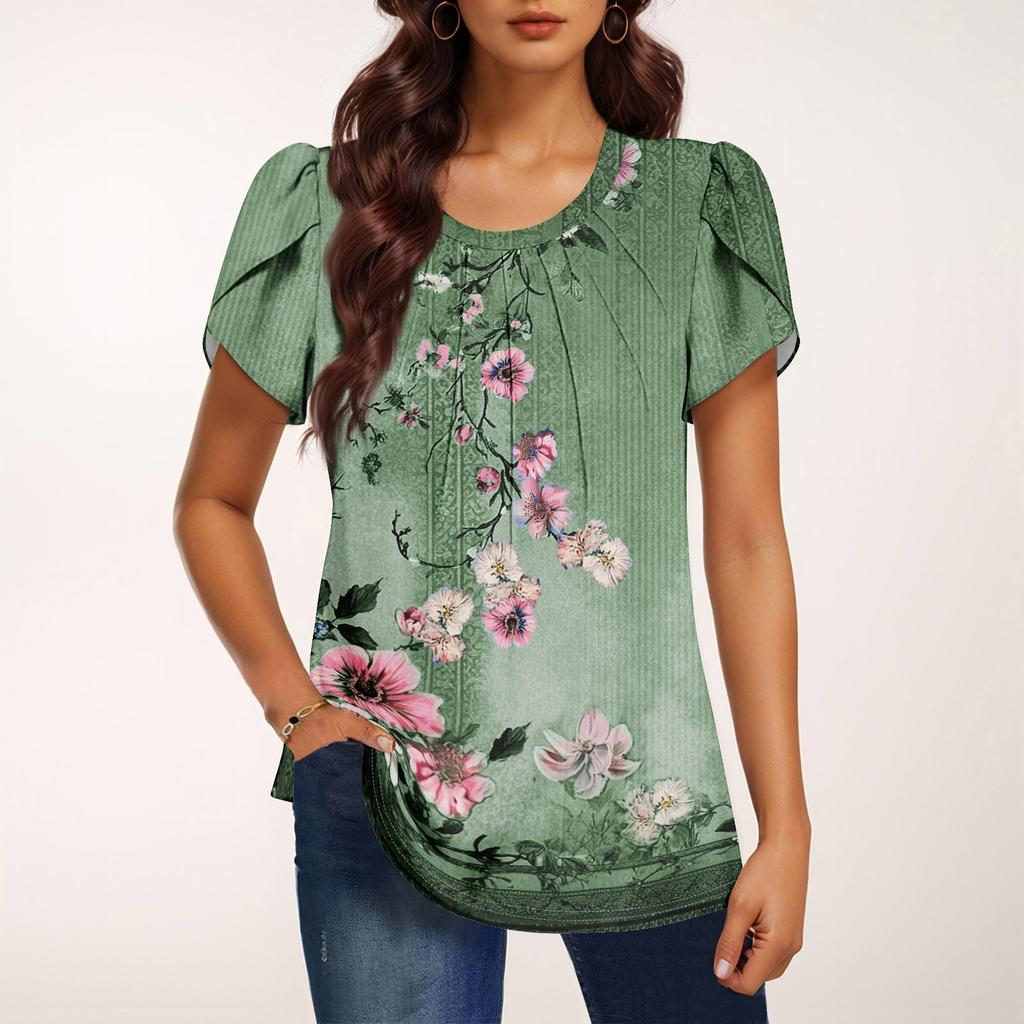 Damen Modisches Rundhals Kurzarm Bedrucktes Lässiges Basic Plissiertes Pullover T-Shirt Top