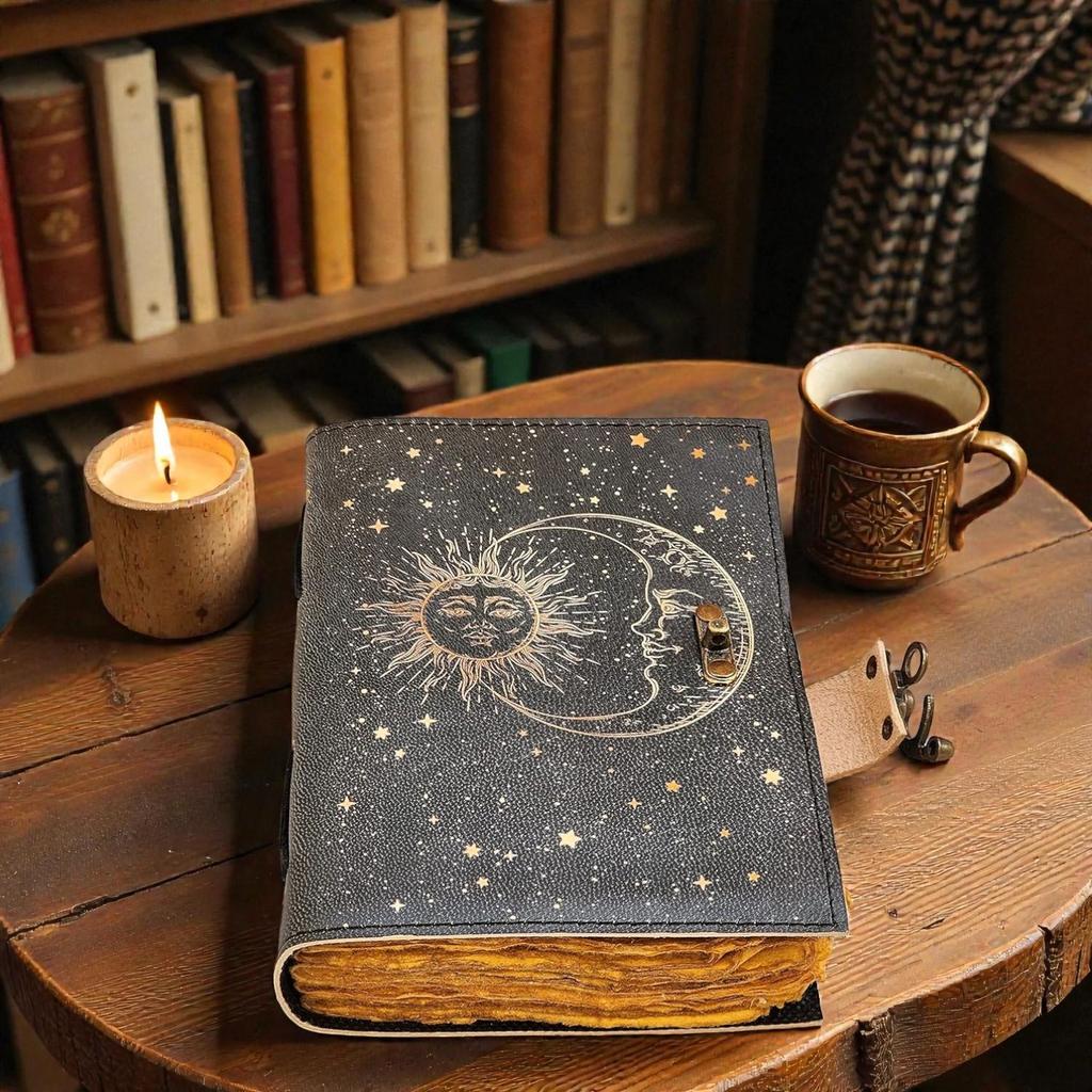 Handmade Sun & Moon Leather Journal | Celestial 5x7" Notebook with 200 Deckle Edge Pages | Vintage Cosmic Diary | Astrology & Witchcraft Writing Book