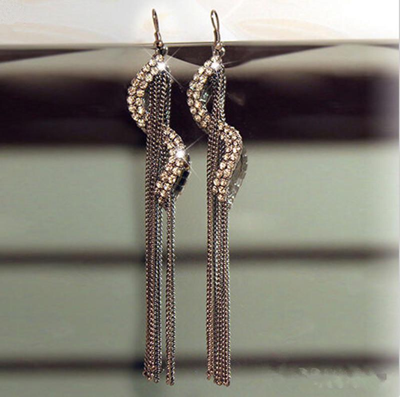 Women's Fashion S-Shape Long Tassels Rhinestone Hook Dangle Linear Earrings