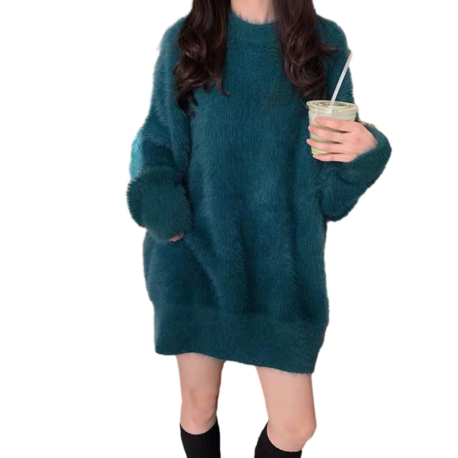 

NONELECEDOLE Knit and Solid Long Round Loose Everyday Winter Women s Sweater, Shaggy, Fluffy, Warm, Cold-Proof, Thick, Color, Sleeves, Neck, зелёный