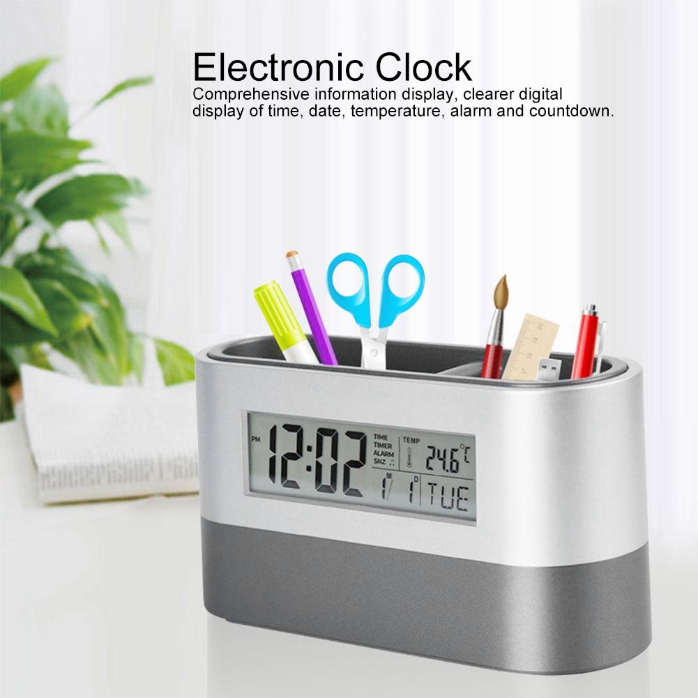 Innovative Pen Holder LCD Digital Electronic Clock with Perpetual Calendar Temperature Display