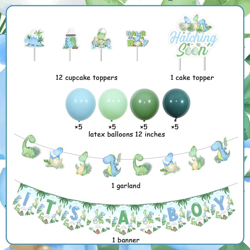 Kreatwow Dinosaur Baby Shower Decorations for Boy - Blue Green Its A Boy Banner, Garland, Hatching Soon Cake Topper, Rawr Decor, Themed Balloons for