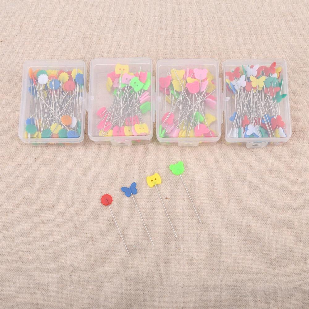 300PCS Colored Head Flower Button Head Pins Flat Button Flower Shaped Flat Head Straight Pins Storage Box Butterfly Shaped