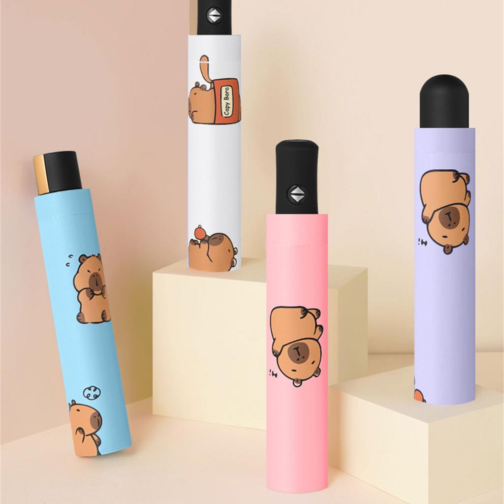Windproof Three Fold Umbrella Featuring Capybara Print Sun& Rain Umbrella For All Weather Use Simplified Rib Structure