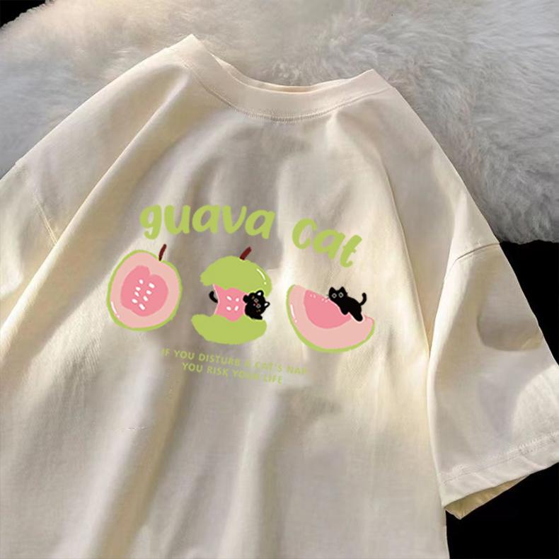 

Korean Kawaii Guava Cat Graphic Print T-shirt Unisex Women Men Clothing Summer Cute New Arrival Oversize Cotton Tops 4XL