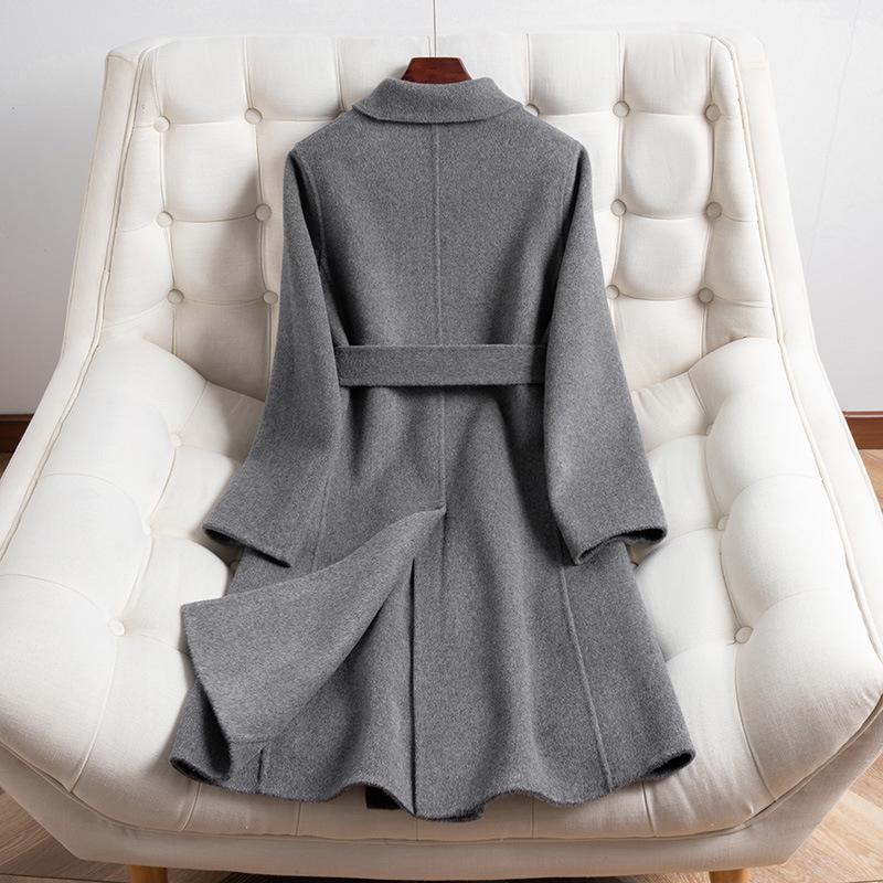 Palton lung de damă slim fit, 100% lână dublu-fațetată, la modă și versatil pentru toamnă și iarnă.