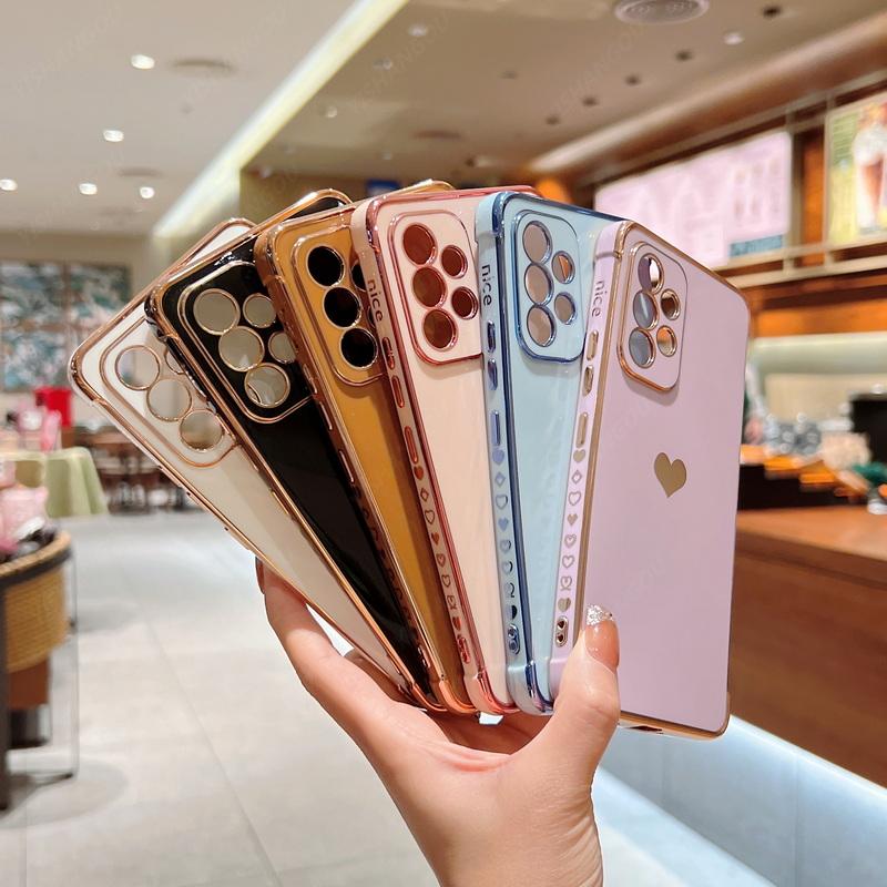 Luxury Plating Case For Samsung Galaxy A55 A53 A54 5G S23 S24 FE S25 S24 Ultra Side Love Heart Pattern Silicone Soft Phone Cover