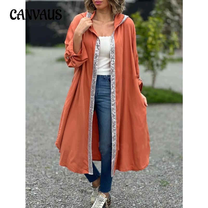 

Весна и осень женский кардиган больших размеров однотонный свободный повседневный с капюшоном длинный пиджак с пайетками рубашка