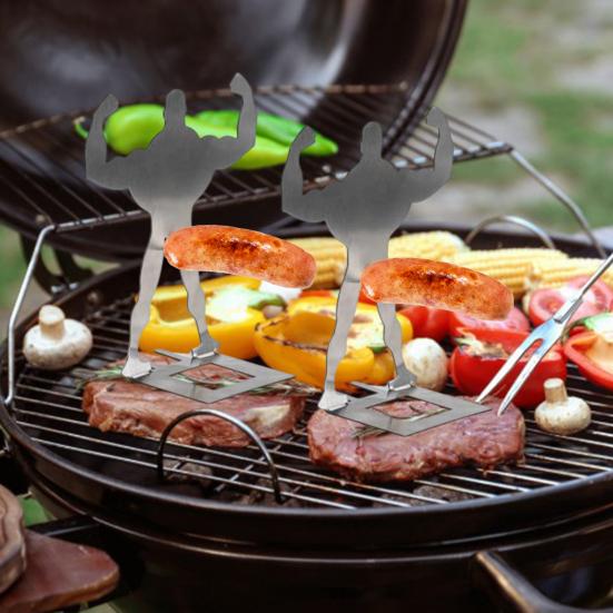 Stainless Steel Muscle Man Sausage Stand Portable Reusable Standing Man Hot Dog Holder Outdoor Camping Roaster Barbecue Grill Accessories