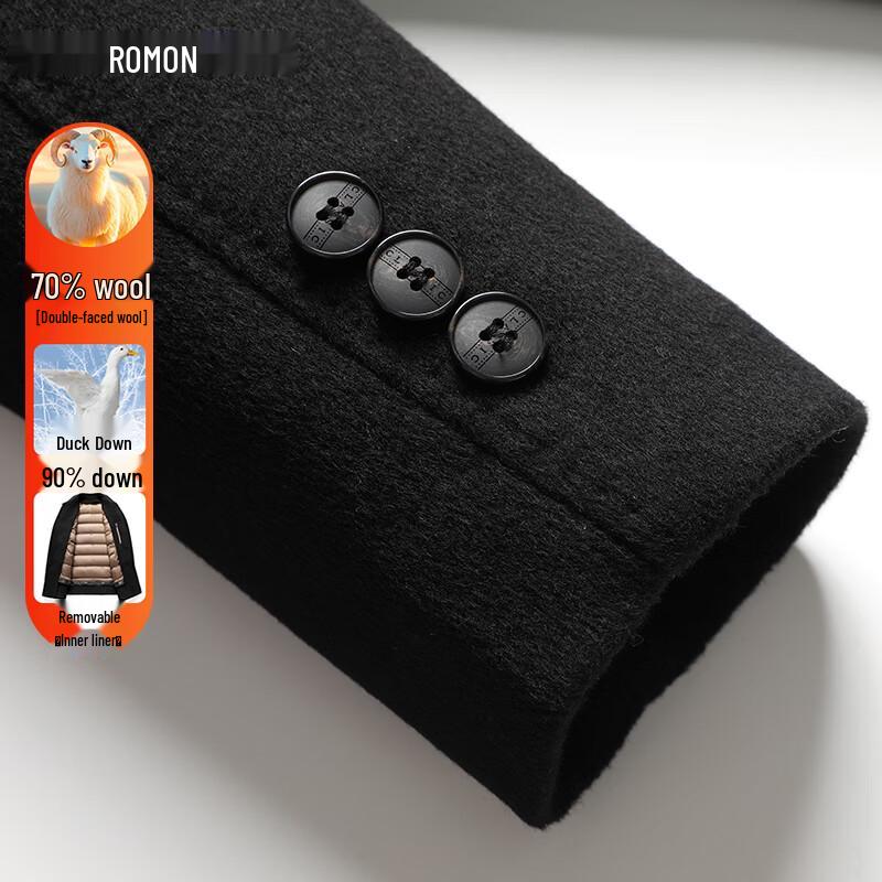 ROMON Men's Thickened Mid-Length Double-Sided Wool Coat with 90% Duck Down Liner