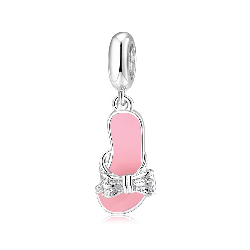 Real 925 Sterling Silver Pretty Dance Shoe Enamel Pink Pendants Fit Bracelet Beads Fashion Jewelry Accessories Wholesale Jewelry