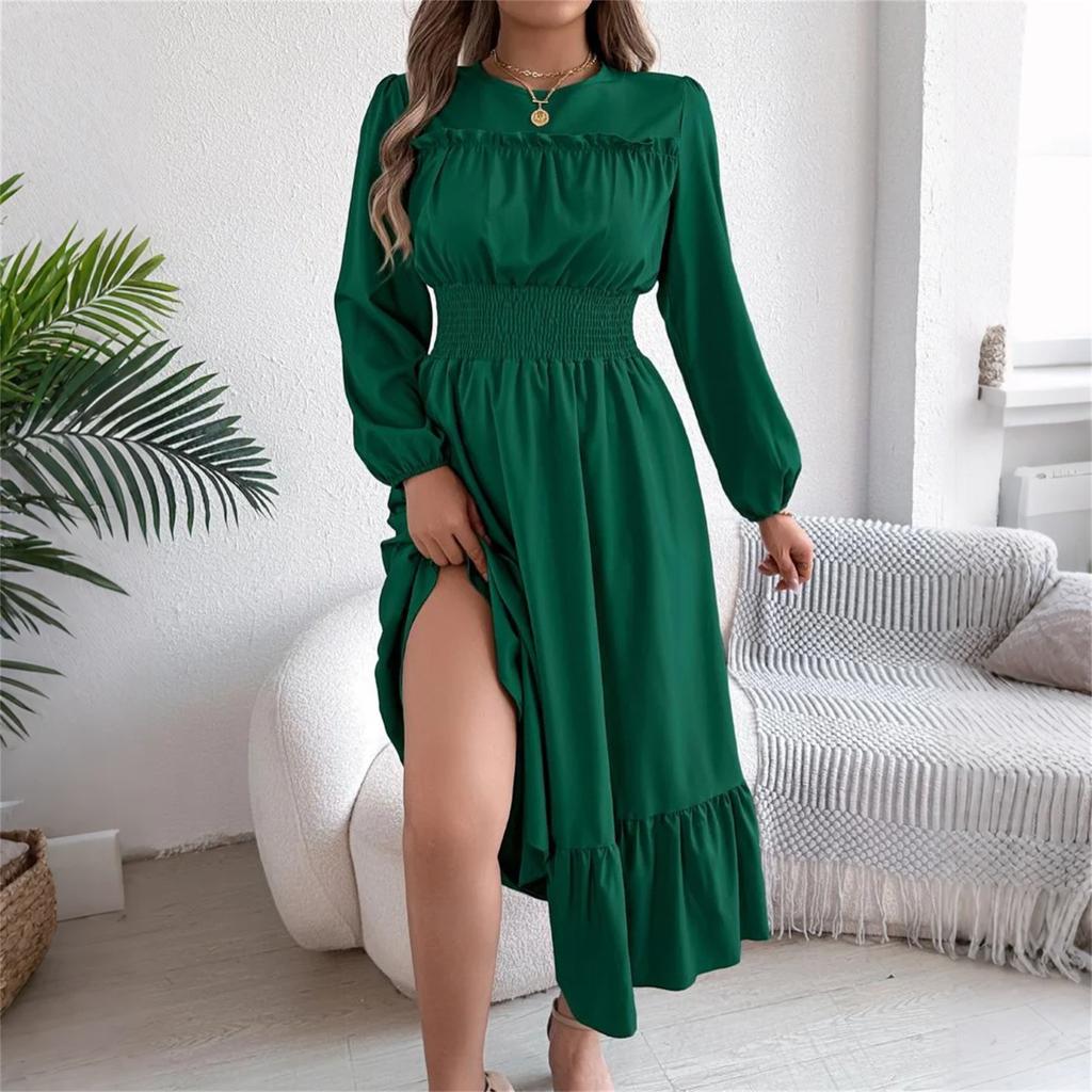 Women's Fashion Retro Solid Color Long Sleeve Waist A-Line Skirt Round Neck Pullover Dress